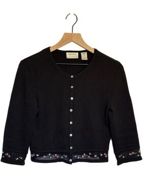 Preview Collection Black Cotton Embroidered Floral Trim Cardigan